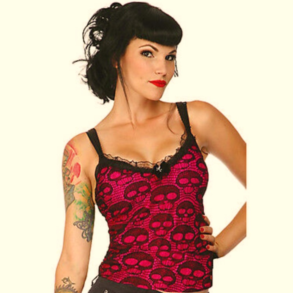 Jawbreaker hot pink and black lace skull tank with open lace back, size Small